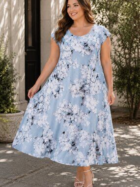 Lily by Firmiana Plus Size Floral Japanese Style Print Cap Sleeve Midi Dress 2X